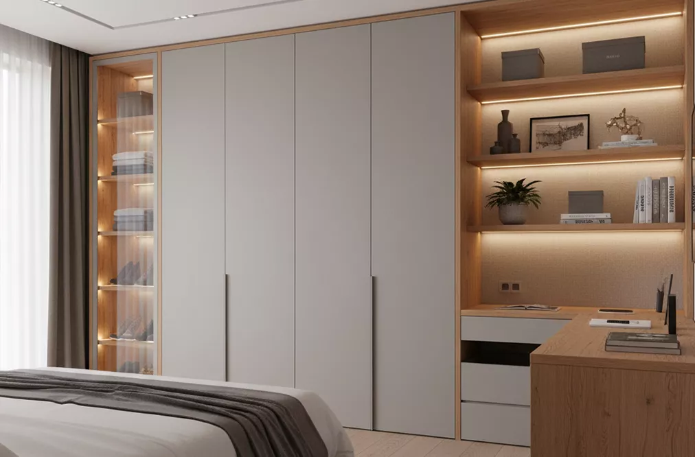 “Customized Modular Furniture in Sarjapur – modern living room and wardrobe design by Canopus Interiors.”