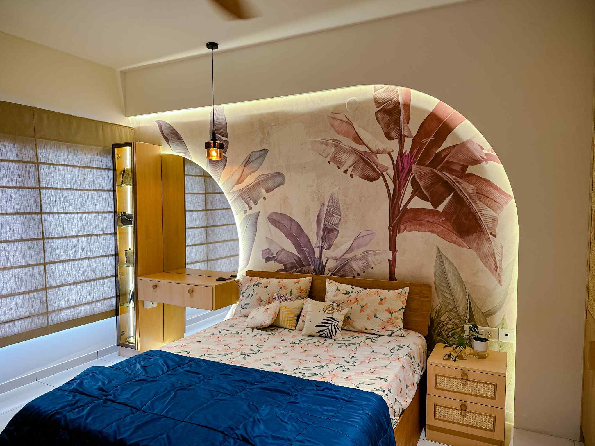 Luxury bedroom interior with floral wall mural by Canopus Design Studio, interior designers in Sarjapur Road Bangalore